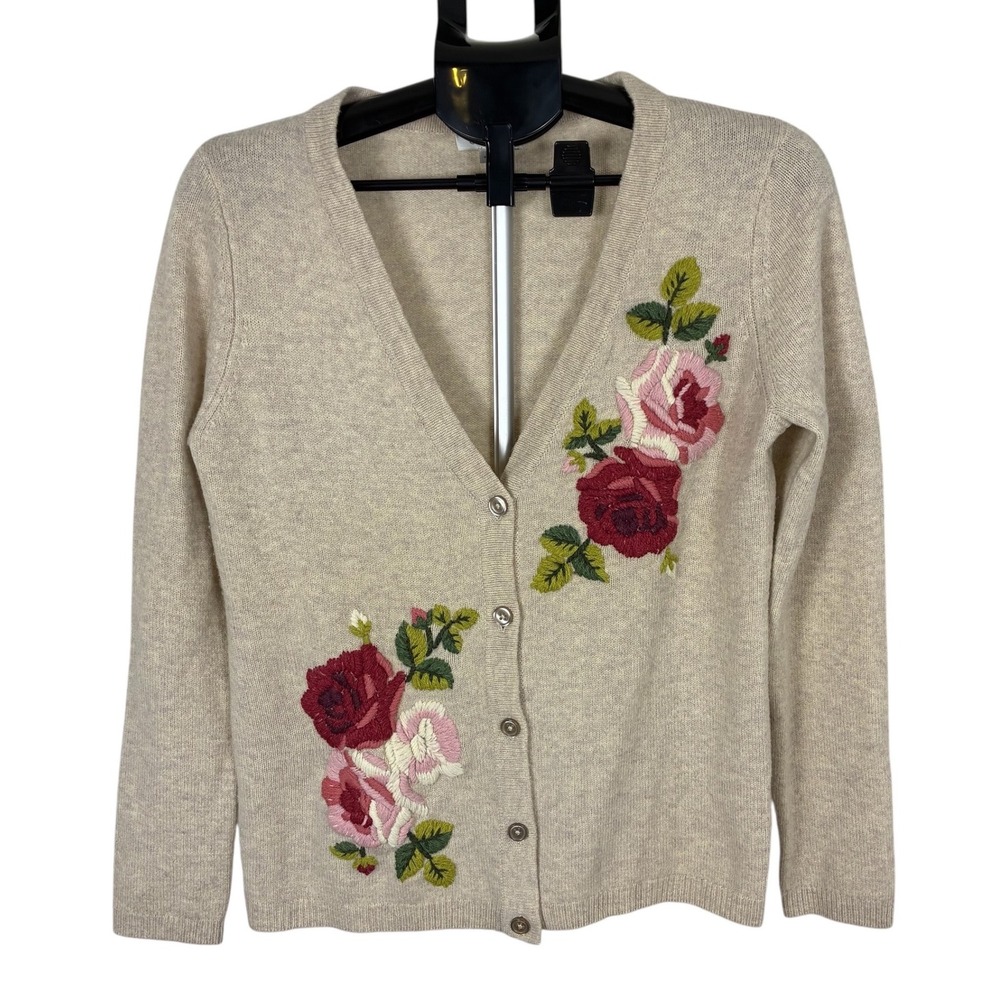 Garnet Hill Women Small Oatmeal Wool Floral Embroidered V-Neck Button Cardigan